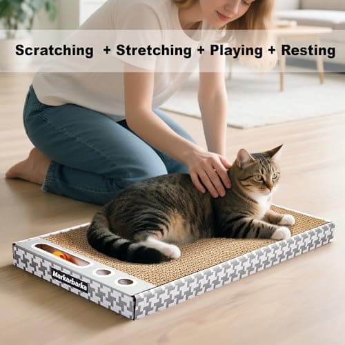 MARKARBARKA Cat Scratching Board 3 Pack – Reversible Cardboard Scratcher for Indoor Cats, Wide Boxed Scratch Pads with Bell Ball, Durable Corrugated scratchers as Furniture Protector
