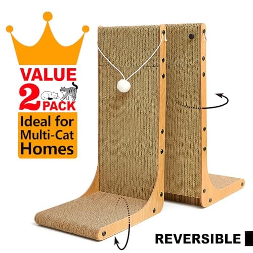 Markarbarka Value 2-Pack 23.6 Inch L-Shaped Cardboard Cat Scratcher, Dual Use (Vert/Horiz) Scratch Pad with Toy Balls, Wall-Mountable Furniture Protector Cat Scratchers for Indoor Cats