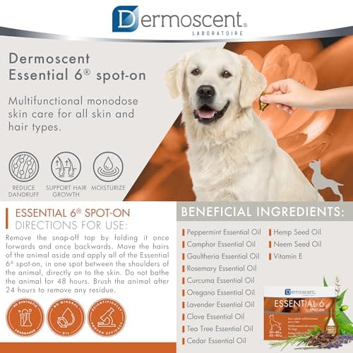 Dermoscent Essential 6 spot-on - Dog Skin Care for Dandruff & Allergy Relief with Vitamin E Oil - Anti Itch for Dogs - Natural Ingredients for Sensitive Skin - Dogs 20-40 kg - 4 Pipettes of 2.4 ml