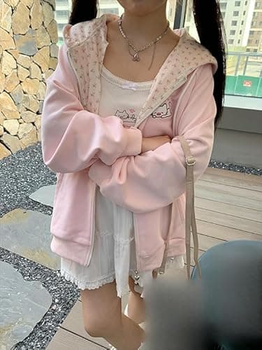 Xojbzoo Women's Y2K Zip-Up Hoodie Oversized Streetwear Cat Ear Cute Cartoon Graphic Harajuku Kawaii Sweatshirt (Pink,Medium)